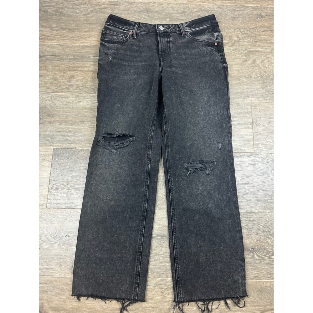 Express Modern Straight Low Rise Distressed Faded Black Jeans 4S Raw Hem